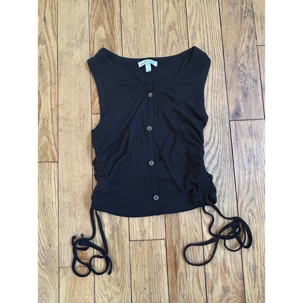 Derek Heart Tank Top Black Ribbed‎ Sleeveless Button Up Drawstring Women's
